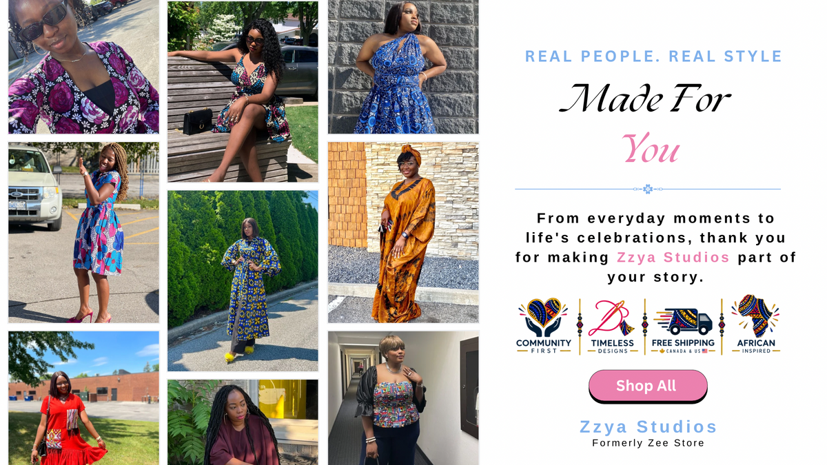 A promotional collage for Zzya Studios featuring multiple photos of women modeling colorful dresses in real-world settings, alongside marketing text that reads 'Real People. Real Style Made For You' and a pink 'Shop All' button.